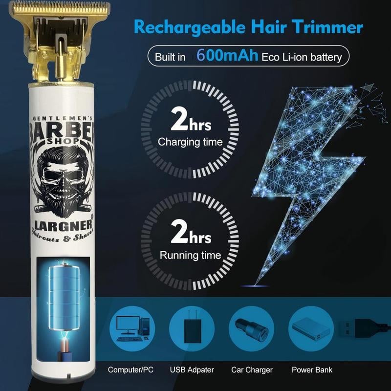 T-blade trimmer with charging time (2 hours) and running time (2 hours) using a 600mAh battery