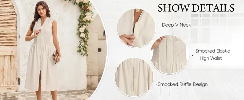 Product Introduction of Womenswear Women's Summer Smocked Midi Sundress – V-Neck Zipper Dress with Cap Sleeves, High Slit, Flowy Long Skirt, Comfort Fitted Waist, Elegant Plain Birthday Party Dress, Stylish Summer Outfits, Waisttrainer-Friendly Formal Dress 2