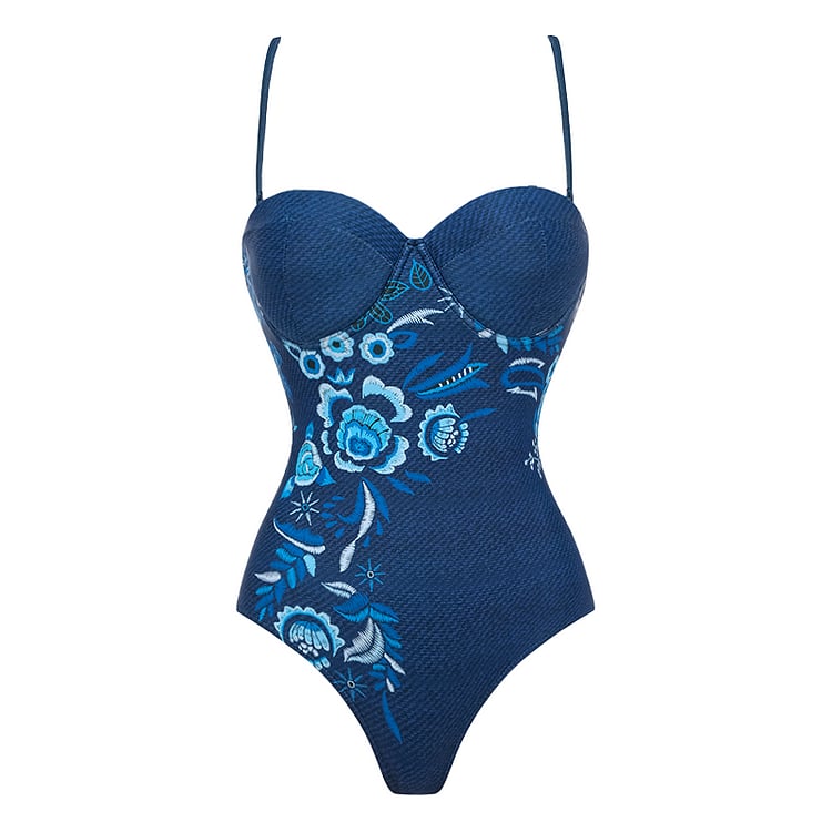 🌼 Embroidery Printed One Piece Swimsuit Set