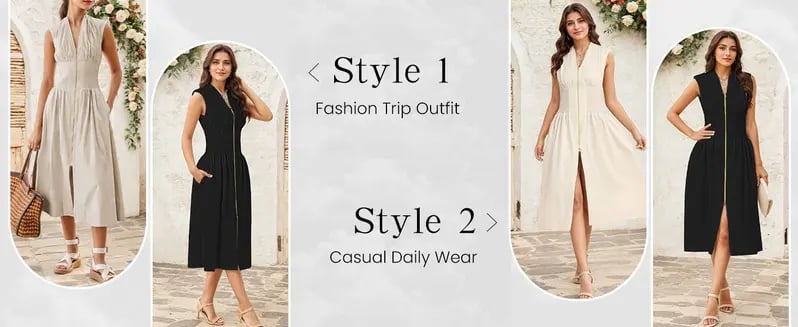 Product Introduction of Womenswear Women's Summer Smocked Midi Sundress – V-Neck Zipper Dress with Cap Sleeves, High Slit, Flowy Long Skirt, Comfort Fitted Waist, Elegant Plain Birthday Party Dress, Stylish Summer Outfits, Waisttrainer-Friendly Formal Dress 4