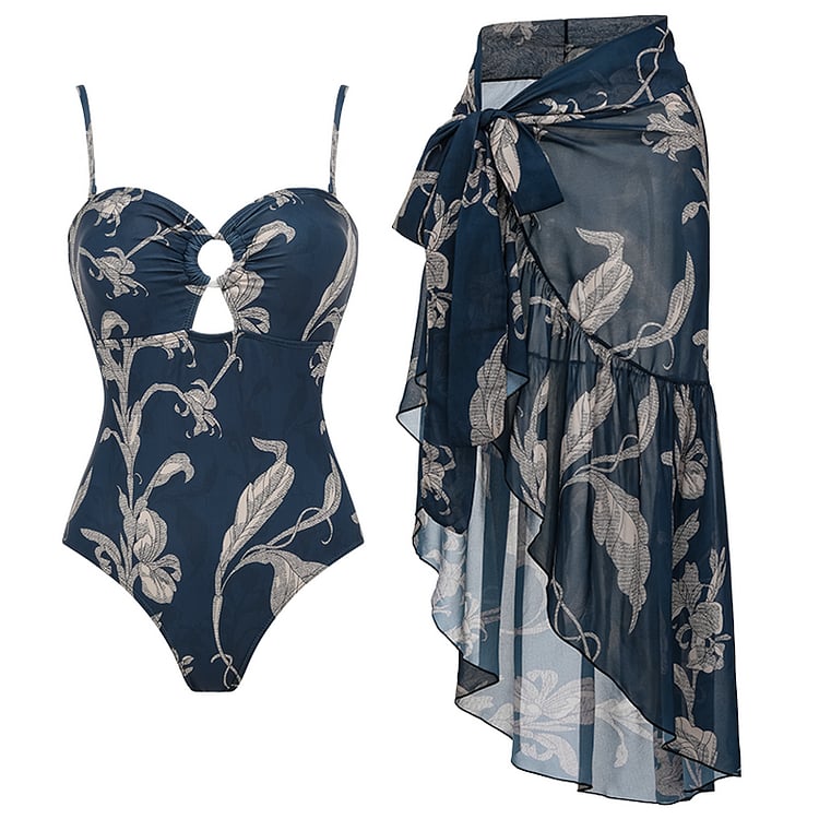 💖 Cutout Printed One Piece  and Sarong Swimsuit Set