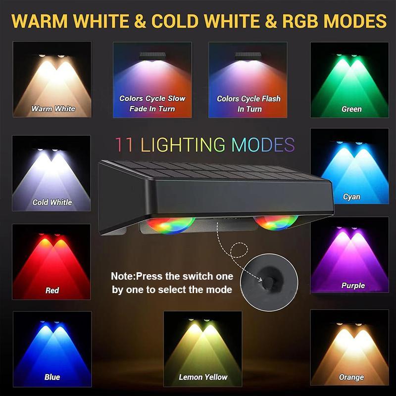 Product Introduction of Modern Solar Powered Fence Lights, Outdoor IP65 Waterproof LED Lights, Permanent Outdoor Lights RGB Garden Decorative Light with Accessories for Outside Wall, Deck, Patio, Yard, Home Decoration 15