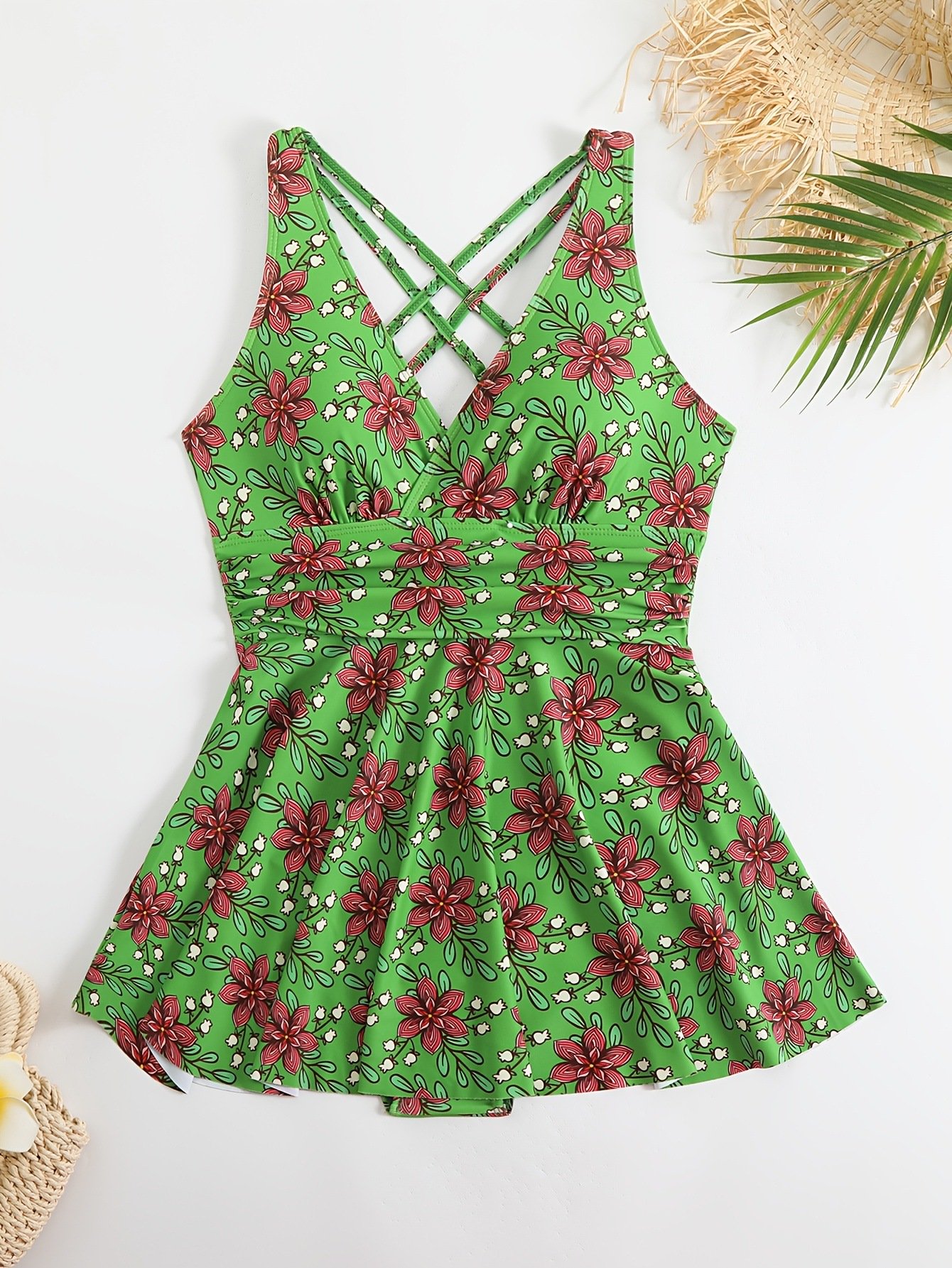 Sexy beach printed crisscross strap dress-style One Piece Swimsuit