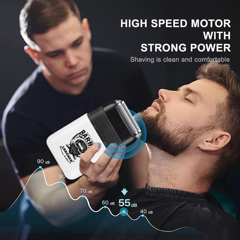Electric foil shaver in use, highlighting a low noise level of 55dB