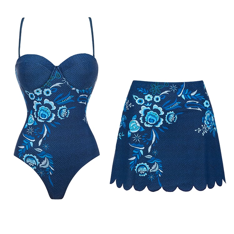 🌼 Embroidery Printed One Piece Swimsuit Set