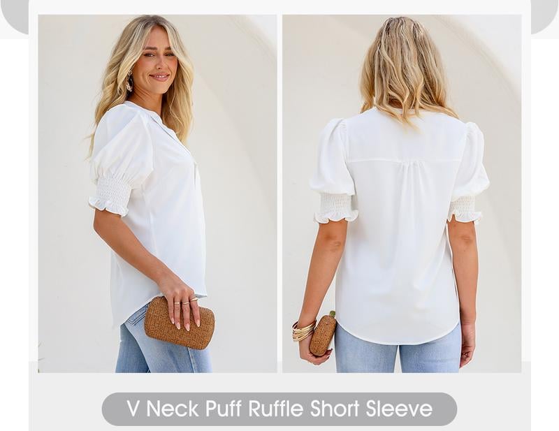 Product Introduction of EVALESS Women's V Neck Blouses Casual Springtok Puff Ruffle Short Sleeve Boho Floral Graphic Solid Lightweight T Shirts Tops 2025 Womenswear Outfits 1