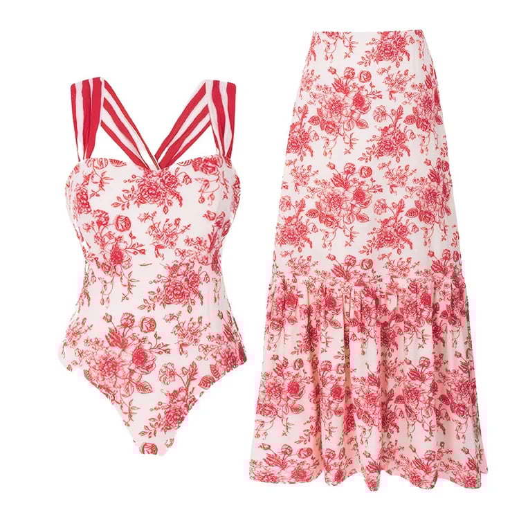 Cross Straps Printed One Piece and Skirt Swimsuit Set