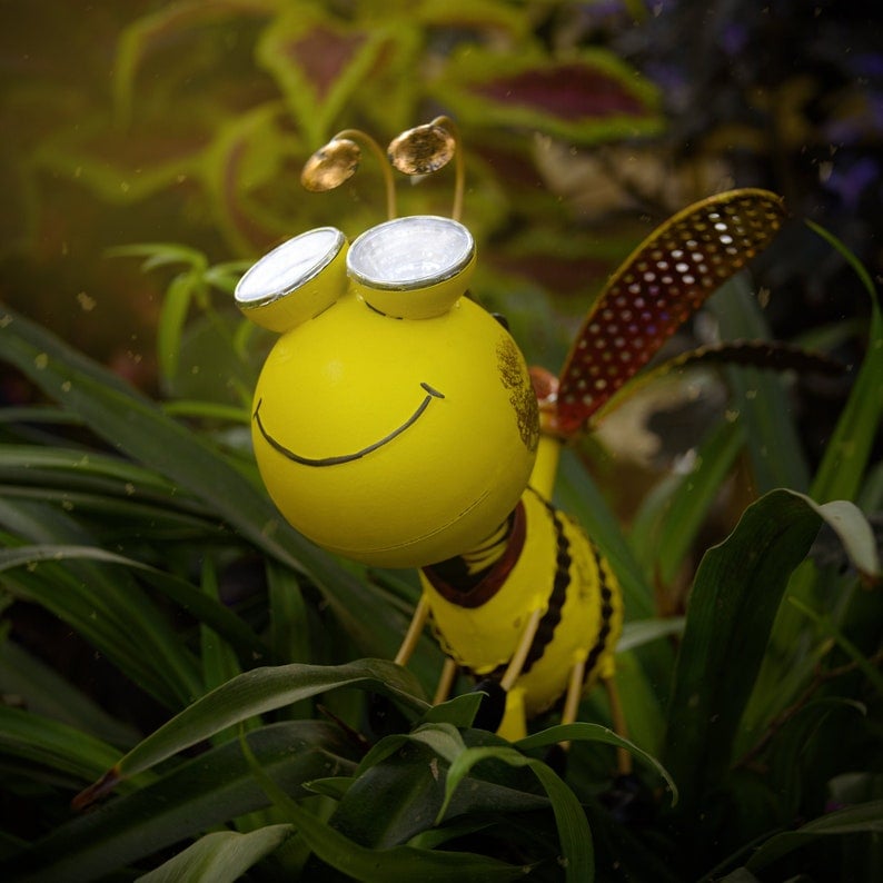 May include: A yellow metal bee garden statue with a smiling face and large black eyes. The bee has a red and black striped body and is posed with its wings spread out. The bee is sitting in a bed of green plants. May include: A yellow metal bee garden statue with a smiling face and large black eyes. The bee has a red and black striped body and is posed with its wings spread out. The bee is sitting in a bed of green plants.