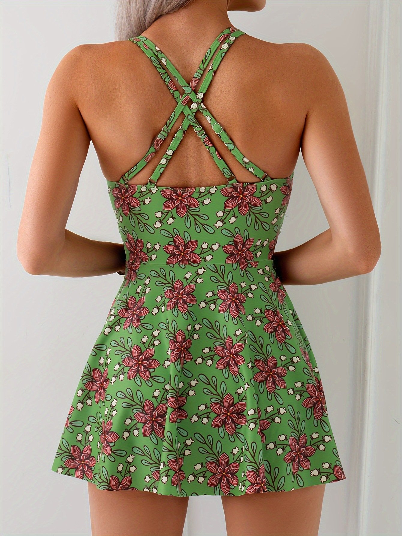 Sexy beach printed crisscross strap dress-style One Piece Swimsuit