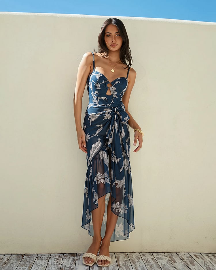 💖 Cutout Printed One Piece  and Sarong Swimsuit Set