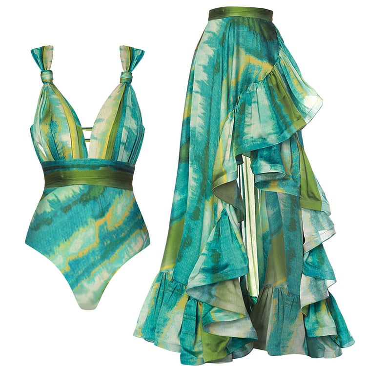 😍 V Neck Printed One Piece Swimsuit Set