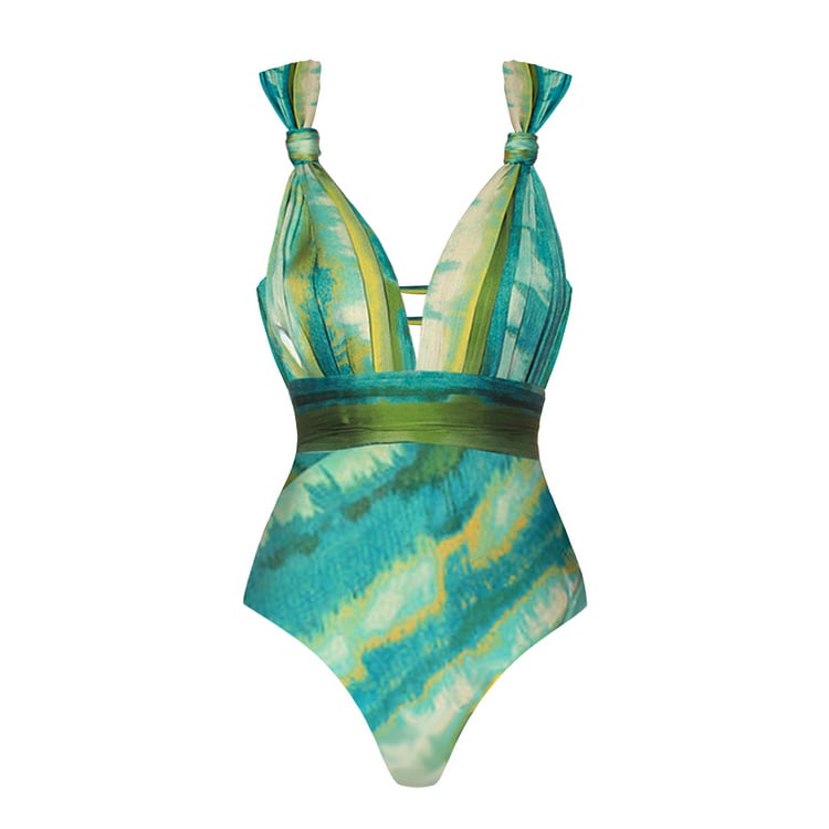 😍 V Neck Printed One Piece Swimsuit Set