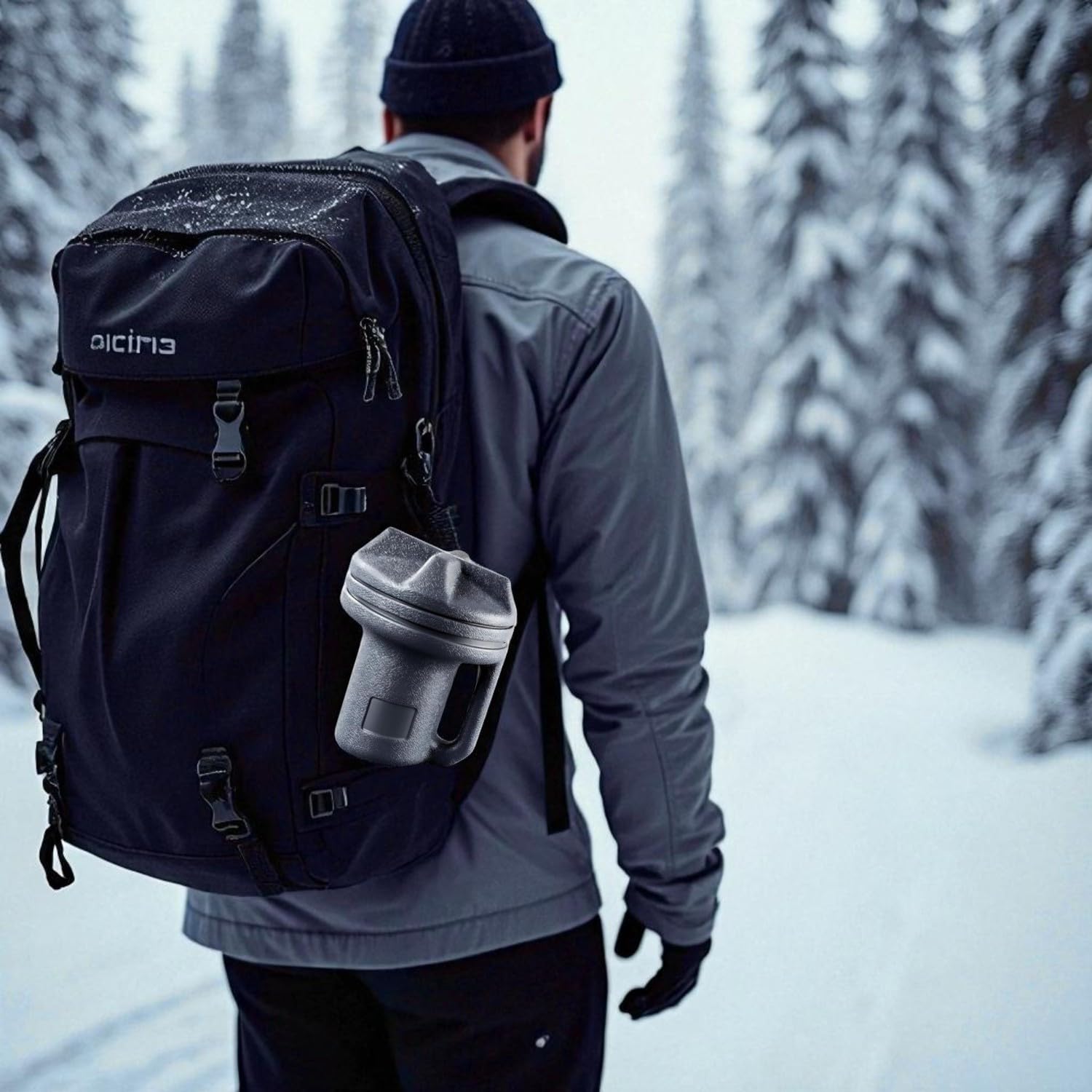 Man hiking with the storage box clipped to his backpack