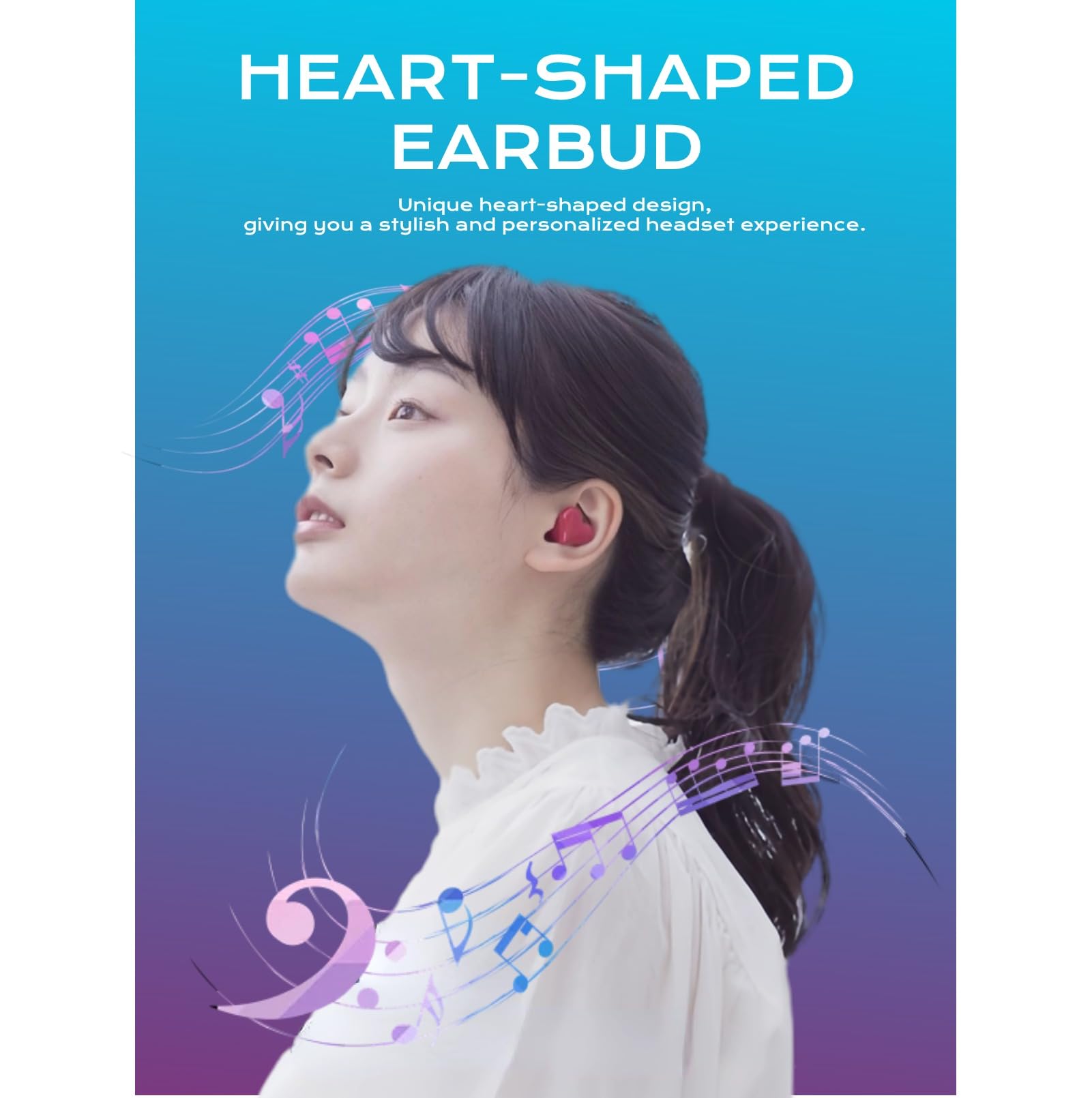 Woman wearing heart shaped earbud