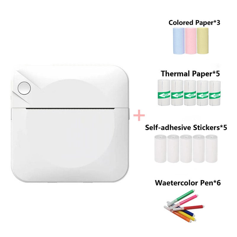 🌈Portable Mini Printer , With 5 thermal papers + 5 self-adhesive papers + 3 colored papers + colored pens