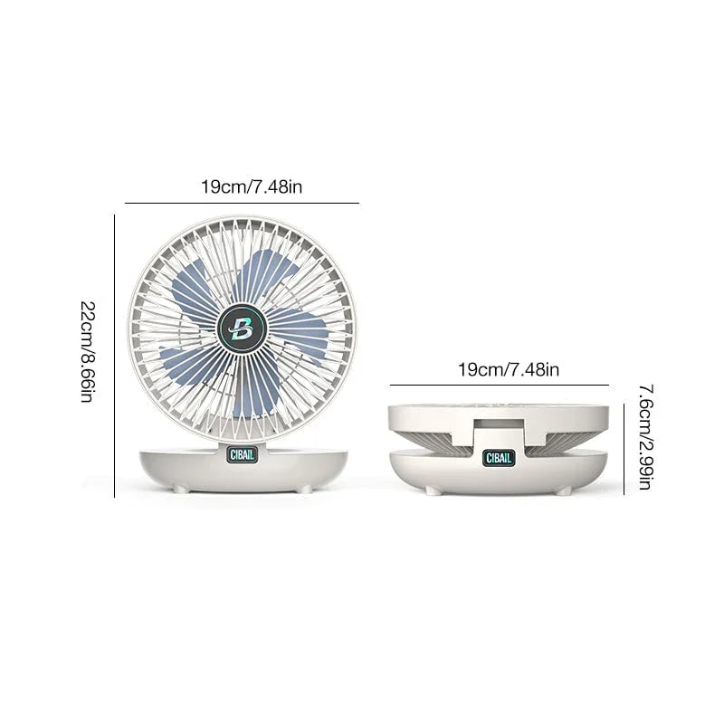 A white desk fan with a Crane logo on the base, showing the dimensions of height, width, and depth.