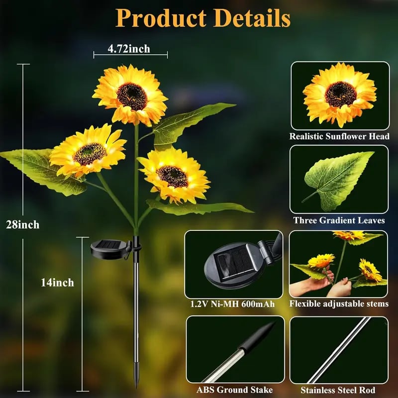 FathersDayGift 2/4pcs Solar LED Sunflower Garden Lights, Realistic Night Glow for Yard, Lawn, Patio and Porch Decoration, Waterproof IP65, Energy Efficient Outdoor Lighting, Garden Lighting | Decorative Solar Lights | Durable Plastic Flowers, Outdoorfun 3