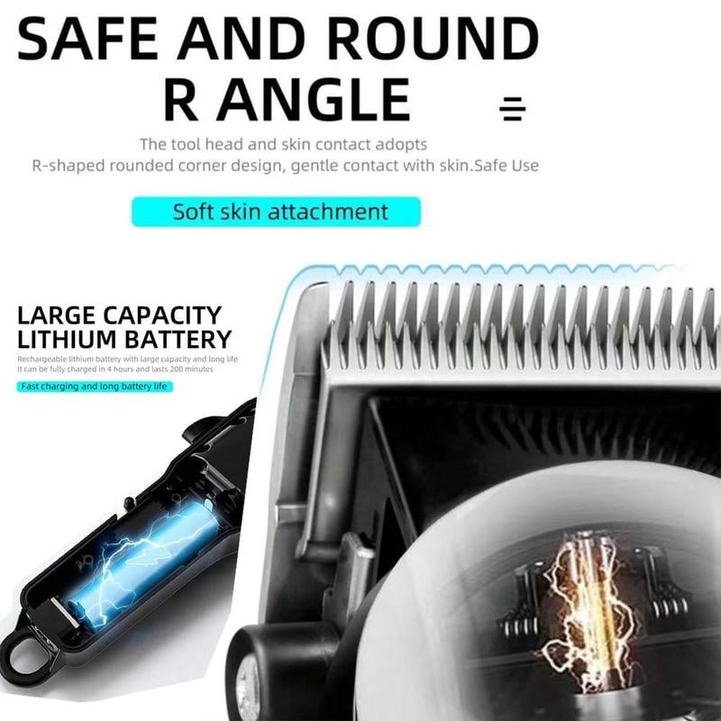 Close-up of the R-shaped safe angle blade design and large capacity lithium battery details
