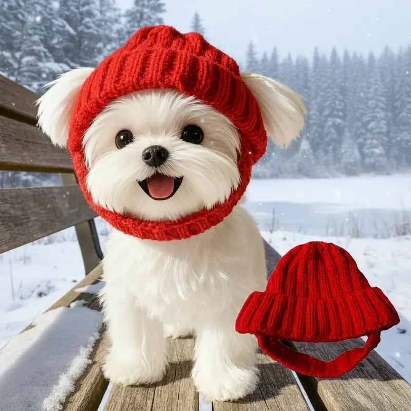 Red Wool Knit Dog Beanie with Ear Flaps – Warm Winter Hat