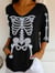 Women's Halloween Diamond Skeleton Print V-Neck T-Shirt