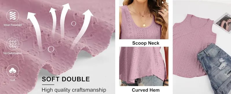 Produktintroduksjon av WIHOLL Dame-T-topp Ermeløs Mønster Broderi Scoop Neck Løs Passform Avslappet Sommer Flagrende #Springtok 18