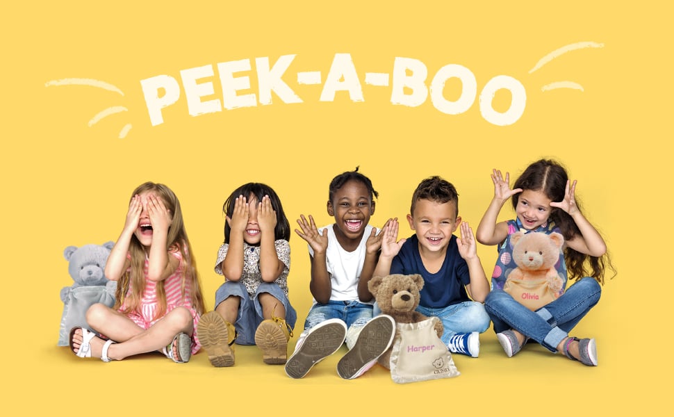Dibsies Personalized Peek a Boo Bear plays a game of peek-a-boo while reciting one of six phrases