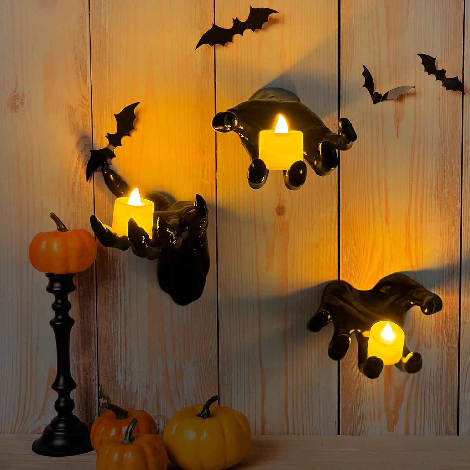 🏆Flash Sale⚡Life-Size Creepy Hands Wall Decor – 3-Piece Set with LED Candles for Gothic Halloween