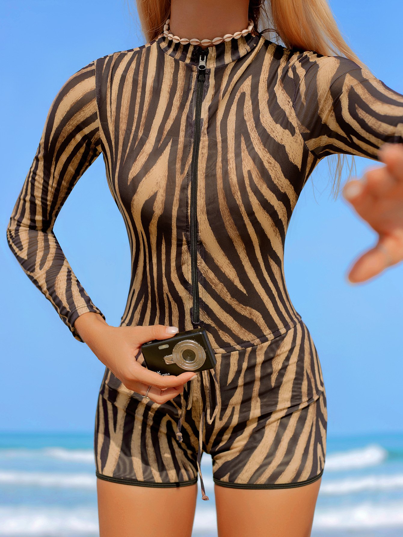 Long-sleeved beach sun-protective quick-drying zip-up One Piece Swimsuit