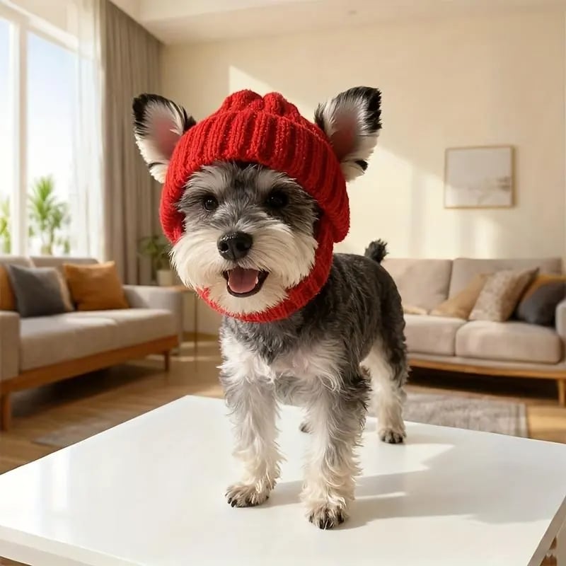 Red Wool Knit Dog Beanie with Ear Flaps – Warm Winter Hat