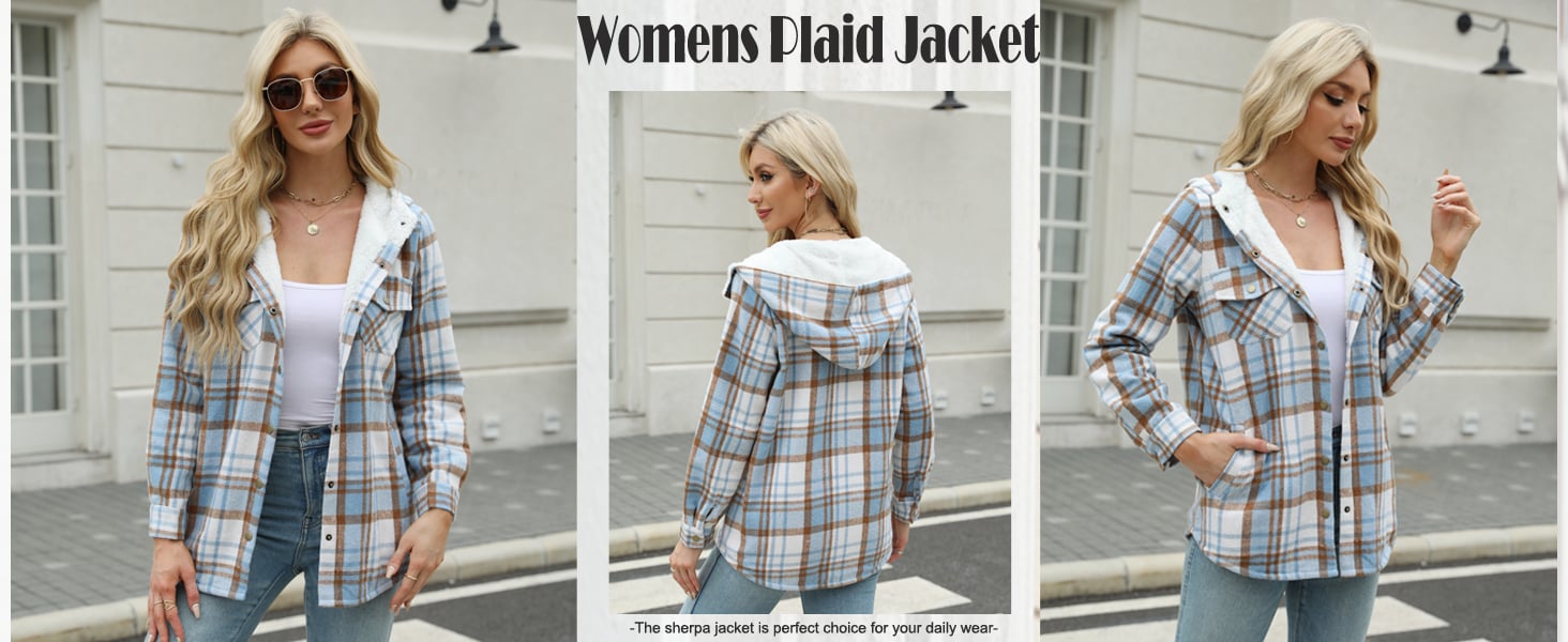 Womens Plaid Shacket Jacket Long Sleeve Button Down Fleece Hooded Jackets Warm Coat