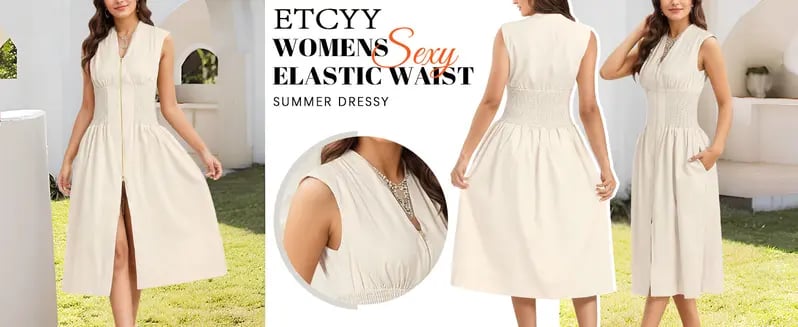 Product Introduction of Womenswear Women's Summer Smocked Midi Sundress – V-Neck Zipper Dress with Cap Sleeves, High Slit, Flowy Long Skirt, Comfort Fitted Waist, Elegant Plain Birthday Party Dress, Stylish Summer Outfits, Waisttrainer-Friendly Formal Dress 3