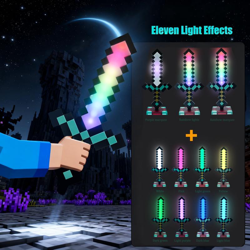 Pixel sword glowing in hand, festive background