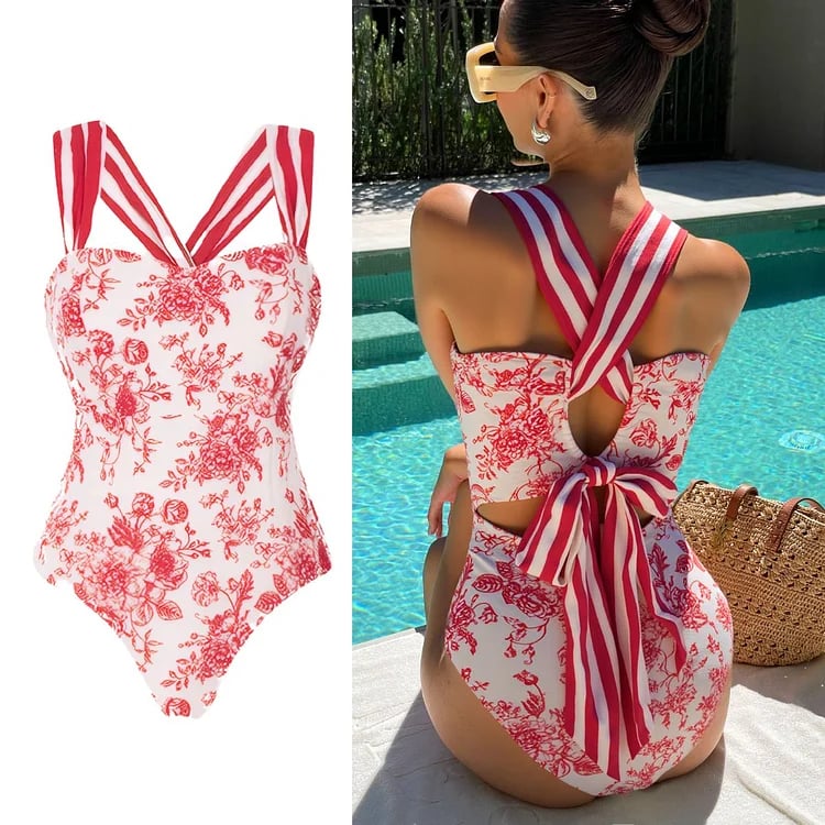 Cross Straps Printed One Piece and Skirt Swimsuit Set