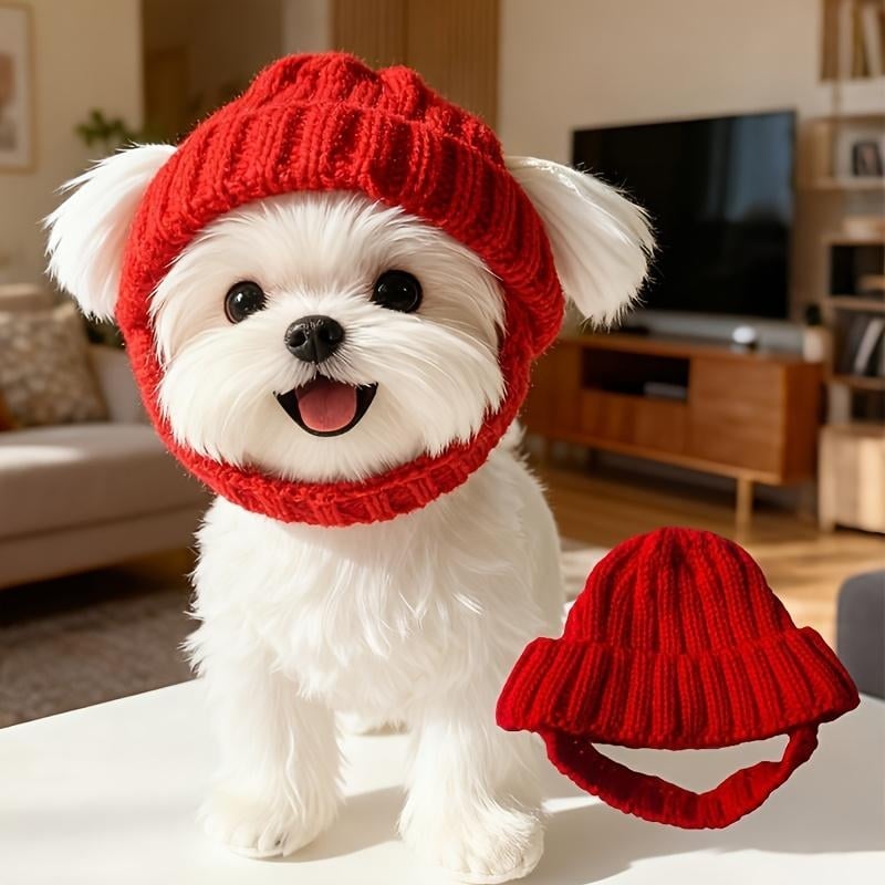 Red Wool Knit Dog Beanie with Ear Flaps – Warm Winter Hat