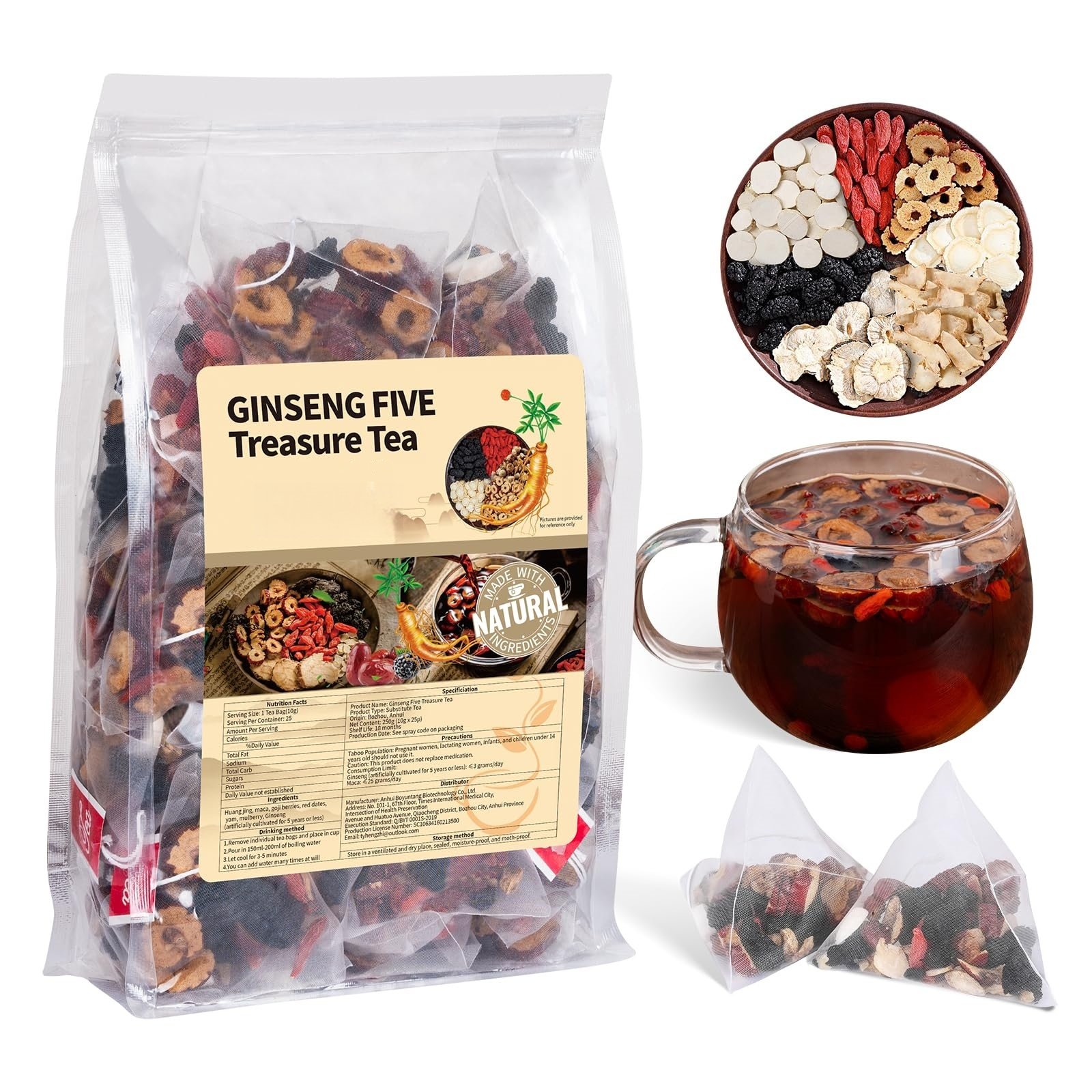 A bag of Ginseng Five Treasure Tea and a mug of brewed tea