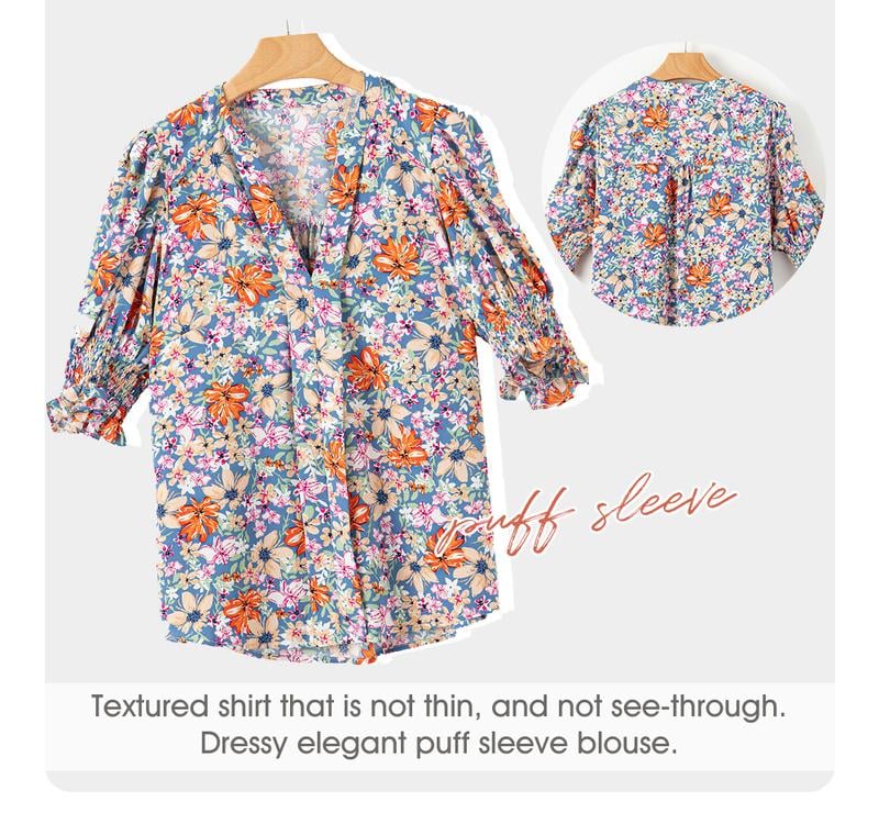 Product Introduction of EVALESS Women's V Neck Blouses Casual Springtok Puff Ruffle Short Sleeve Boho Floral Graphic Solid Lightweight T Shirts Tops 2025 Womenswear Outfits 2