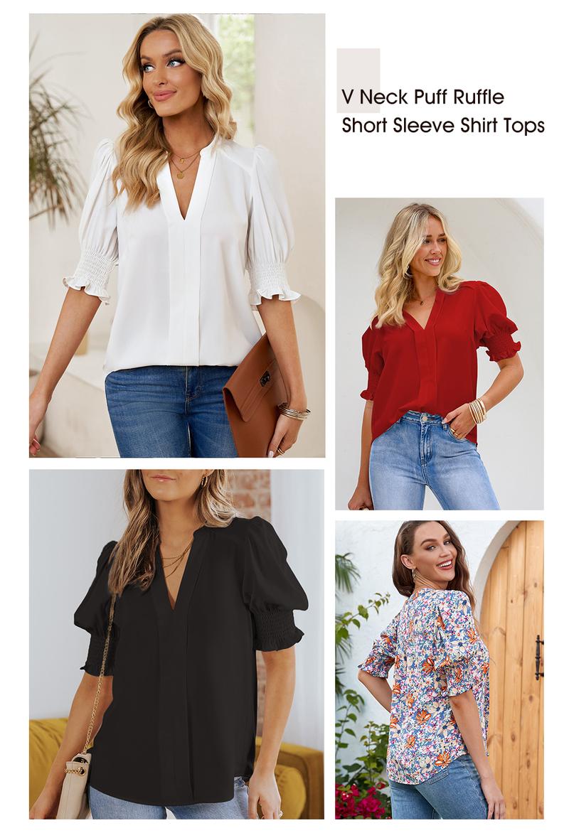 Product Introduction of EVALESS Women's V Neck Blouses Casual Springtok Puff Ruffle Short Sleeve Boho Floral Graphic Solid Lightweight T Shirts Tops 2025 Womenswear Outfits 3