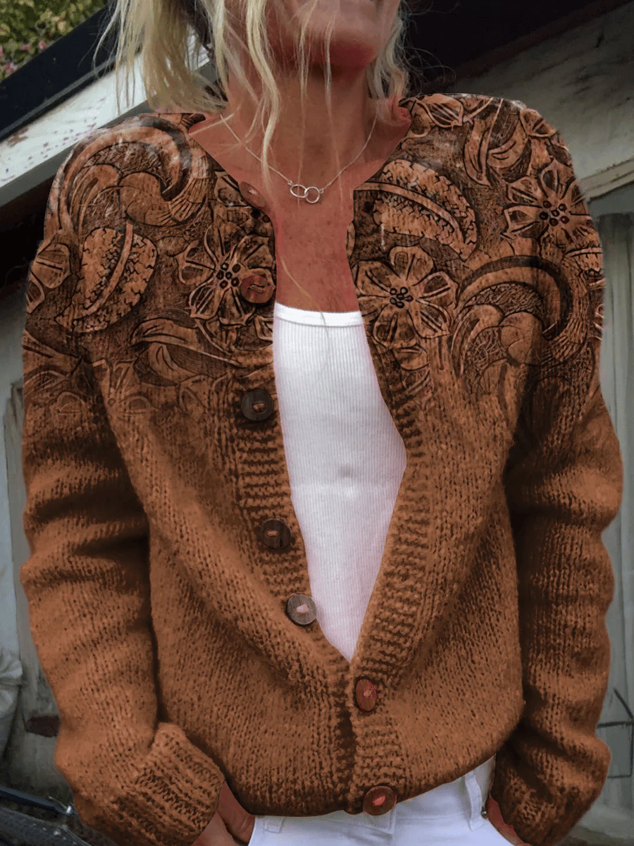 Women's Western Retro Flower Art Knit Cardigan