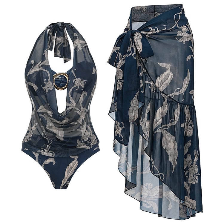 👙 Two Ways Printed Mesh One Piece and Sarong Swimsuit Set