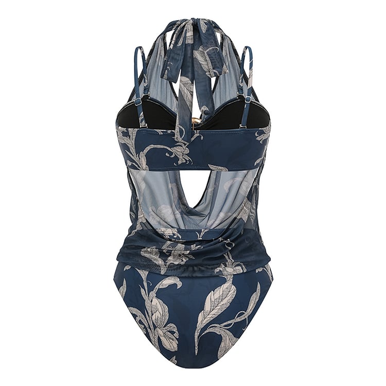 👙 Two Ways Printed Mesh One Piece and Sarong Swimsuit Set