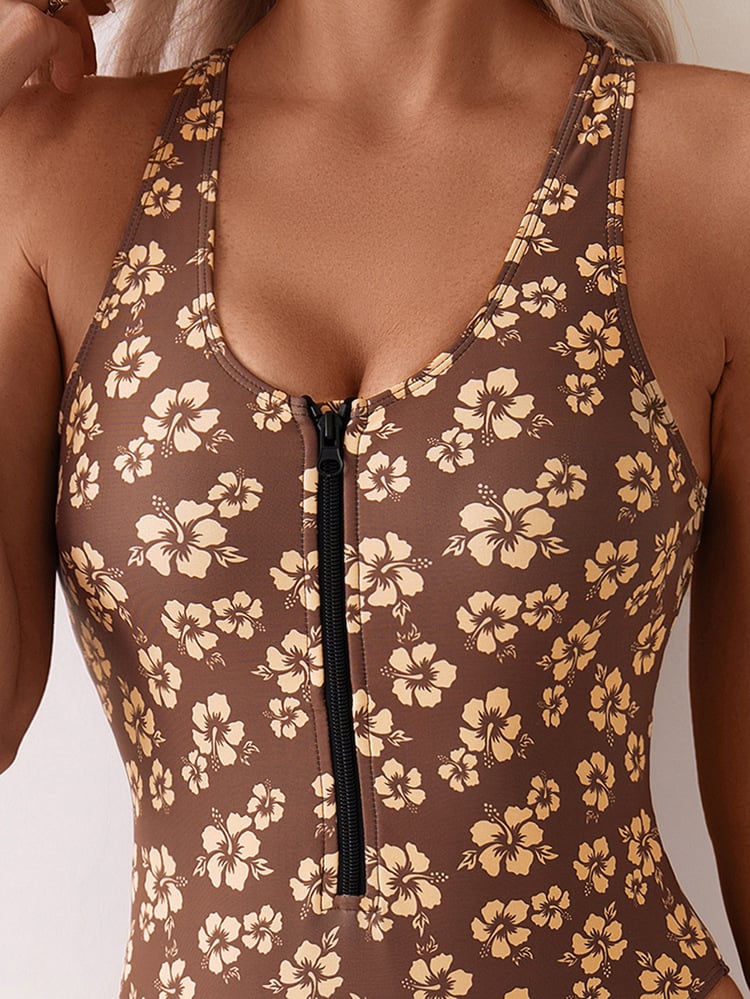 🎀 Floral Printed Zipper Bikini Swimsuit