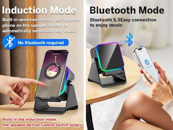 Wireless Induction Audio Speaker Stand, 5in1 Cellphone Holder, 3500mAh Rechargeable Emergency Power Bank,360° Adjustable Mobile Tablet Stand with Colorful Ambient Light Gifts for Men Women
