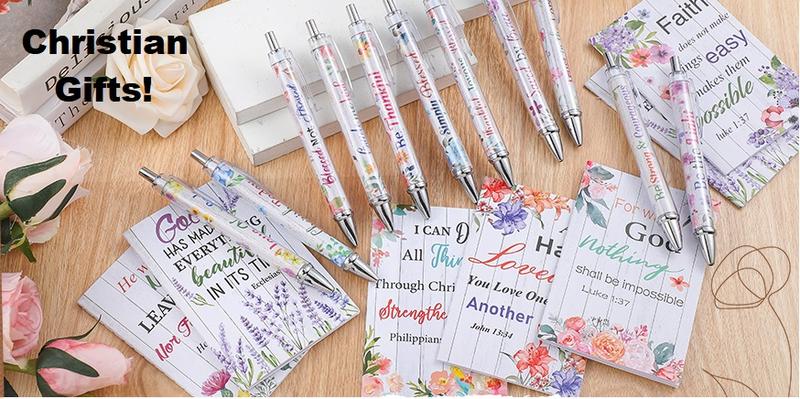24Pcs Christian Gifts with 12 Motivational Quote Pens and 12 Bible Journal Christian Writing Pens Inspirational Ballpoint Pens Religious Notebooks with Bible Verse Bible Supplies, Gifts for Women  Student Teacher, First Holy Communion Gift, Mother's Day