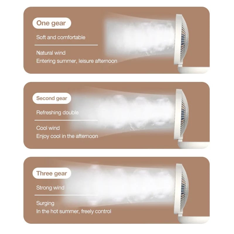 A portable mini fan with three speeds, foldable design, and clip-on feature that can be worn on the neck or placed on a desk.