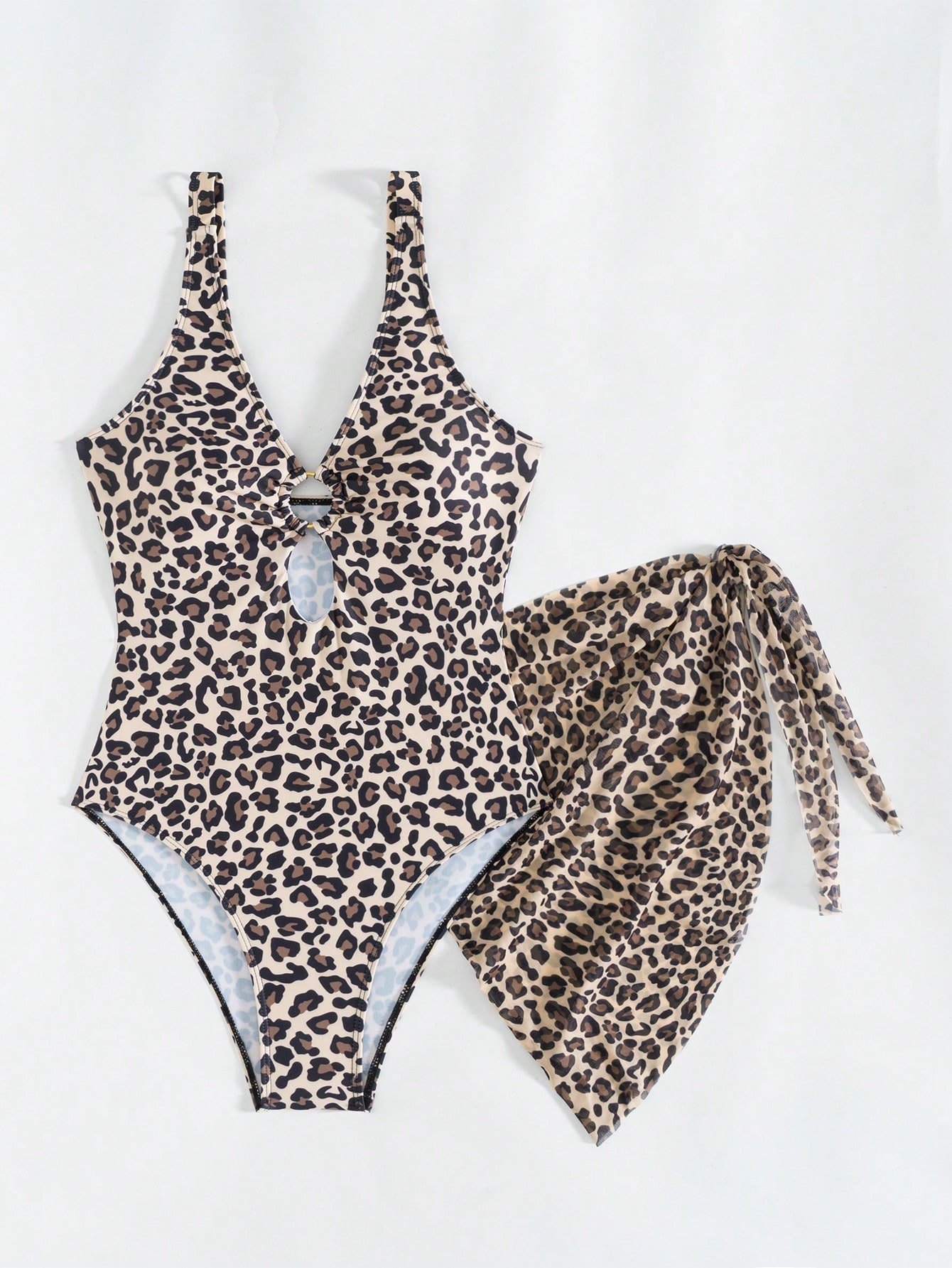Women's Leopard Print Swimsuit and Skirt Two Piece Set