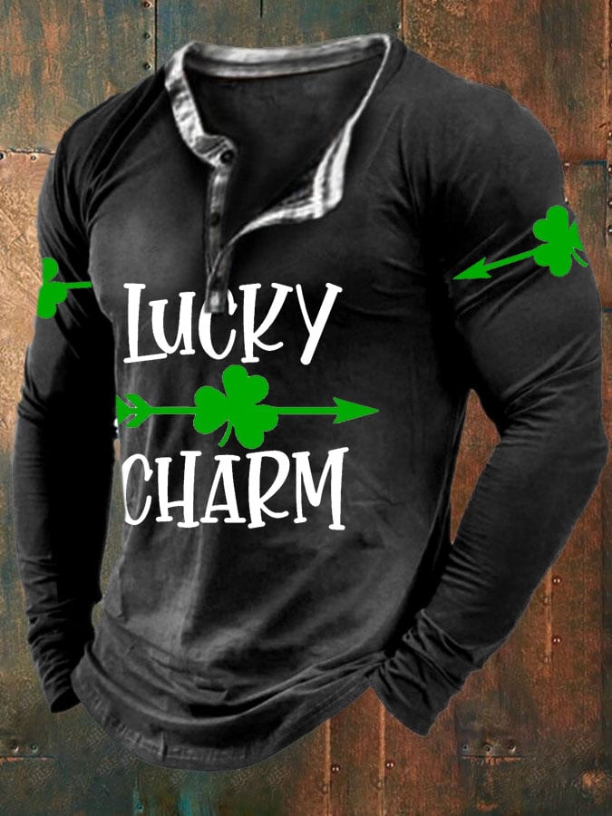 Men's Lucky Charm Vintage Print Button Long Sleeve TShirt