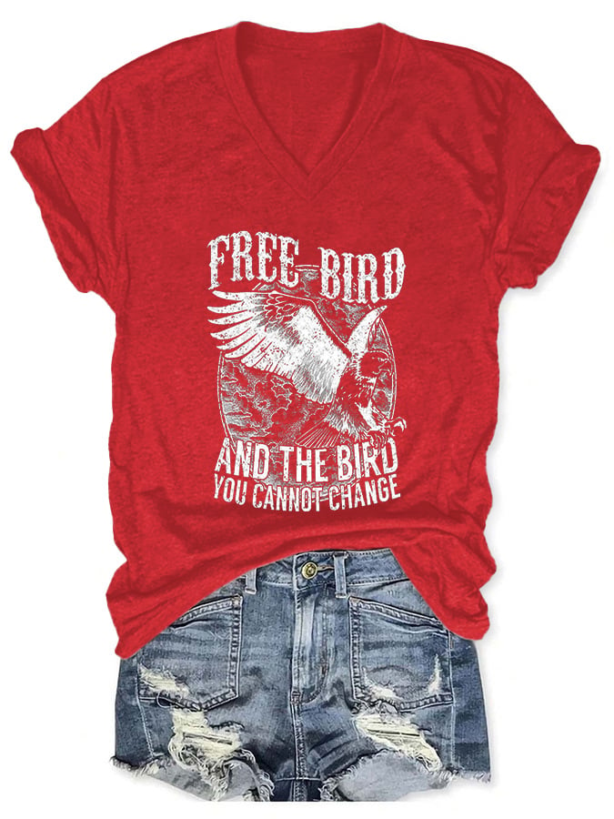 V-neck Free Bird And The Bird You Cannot Change Print T-Shirt